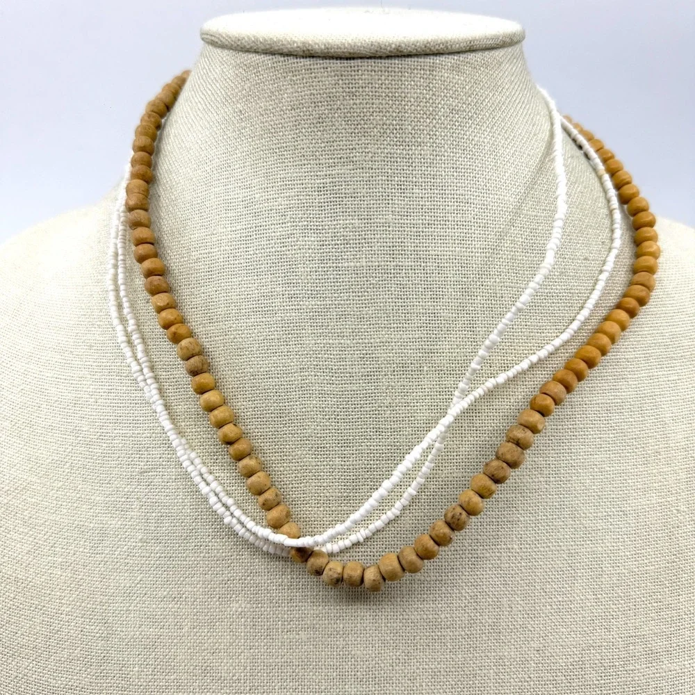 Necklace Vintage Boho Brown Wood White Seed Bead Multi Strand Layered Statement